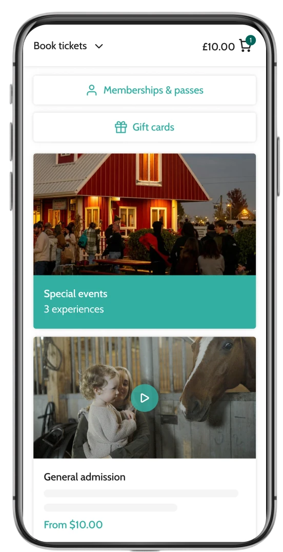 Beyonk's farm attraction ticketing system on mobile. Memberships, gift cards and sessions can be bought here.